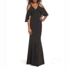 Jay Godfrey Naomi Size 8 Black Chiffon Ruffle Cold Shoulder Maxi Dress Gown