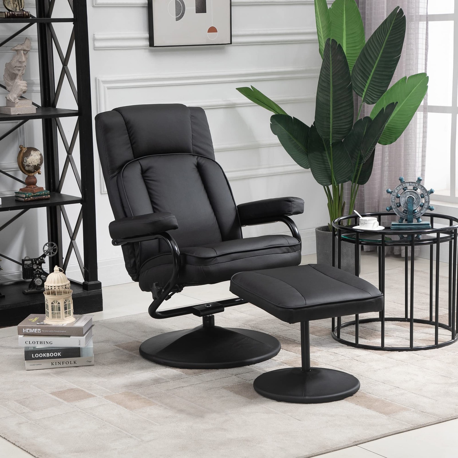 HOMCOM Swivel Recliner, Manual PU Leather Armchair with Ottoman Footrest for