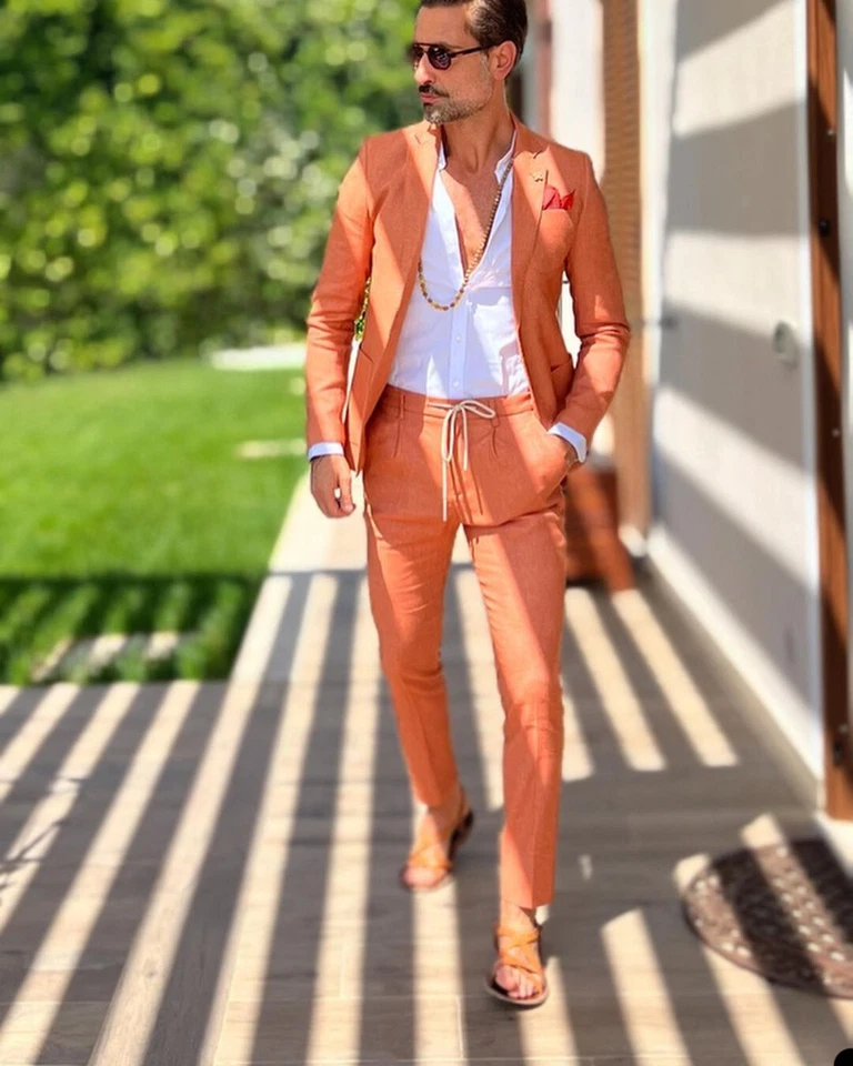 Trajes de lino naranja para hombre verano ropa causal playa boda novio graduación esmoquin Foto 4 de 4