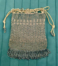 Antique 1920s Glass Bead Victorian Reticule Slate Blue Gray Drawstring Purse