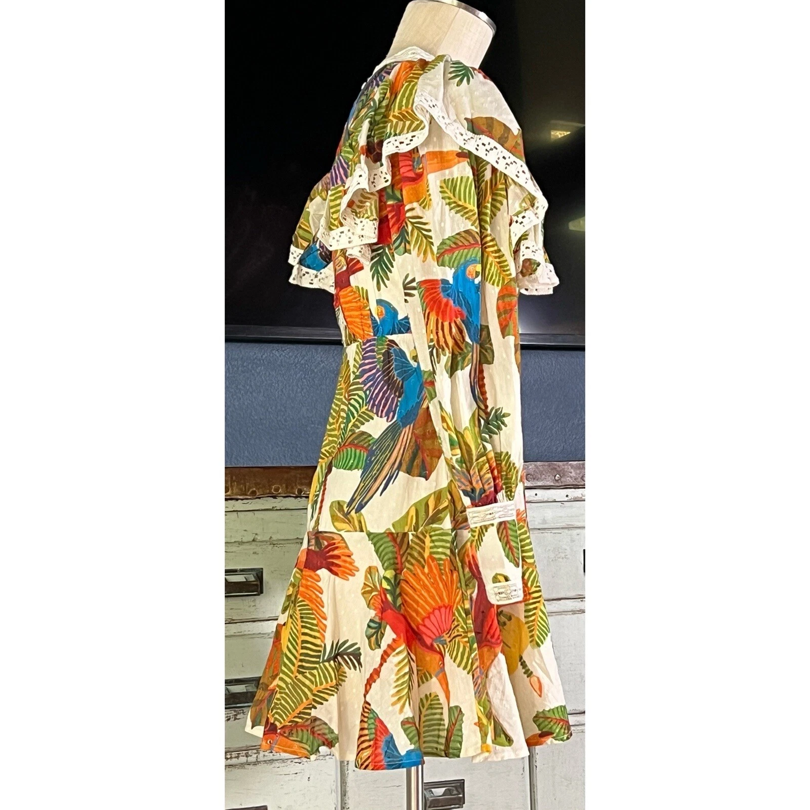 OFF WHITE Mini abito nuovo con etichette Farm Rio Off White Forest Birds stravagante maniche lunghe pizzo XS