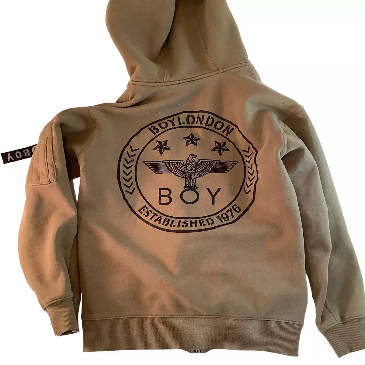 BOY LONDON Hoodie Zip Jacket, Sweatshirt, Beige, Small with side zip Arm Pocket