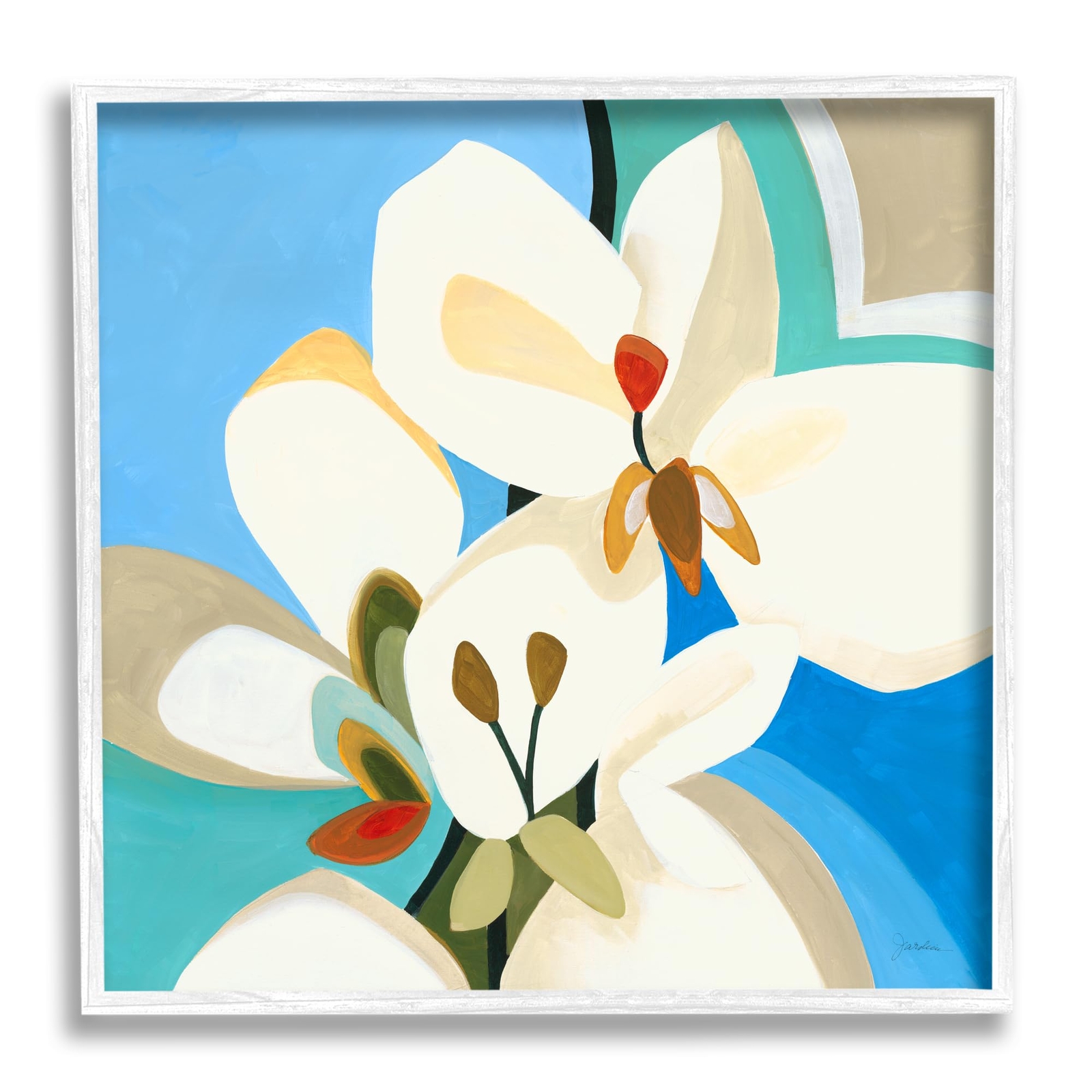 Modern Blue & White Blossoms White Framed Giclee Art Design by Liz Jardine