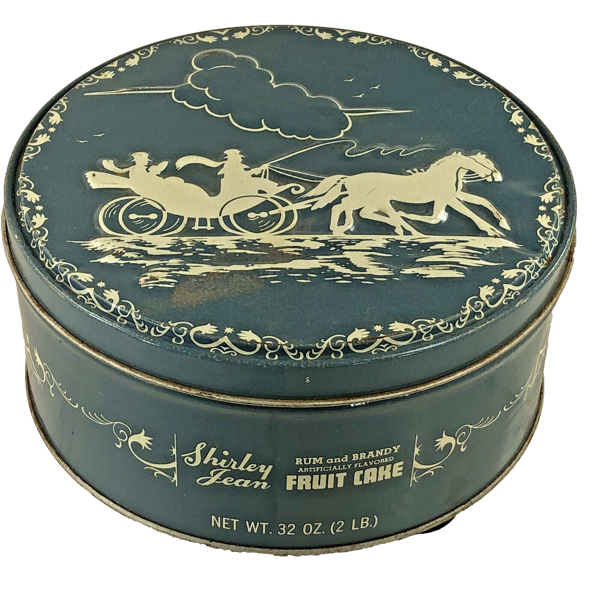 Shirley Jean Fruit Cake Tin Horse & Carriage Blue White Embossed