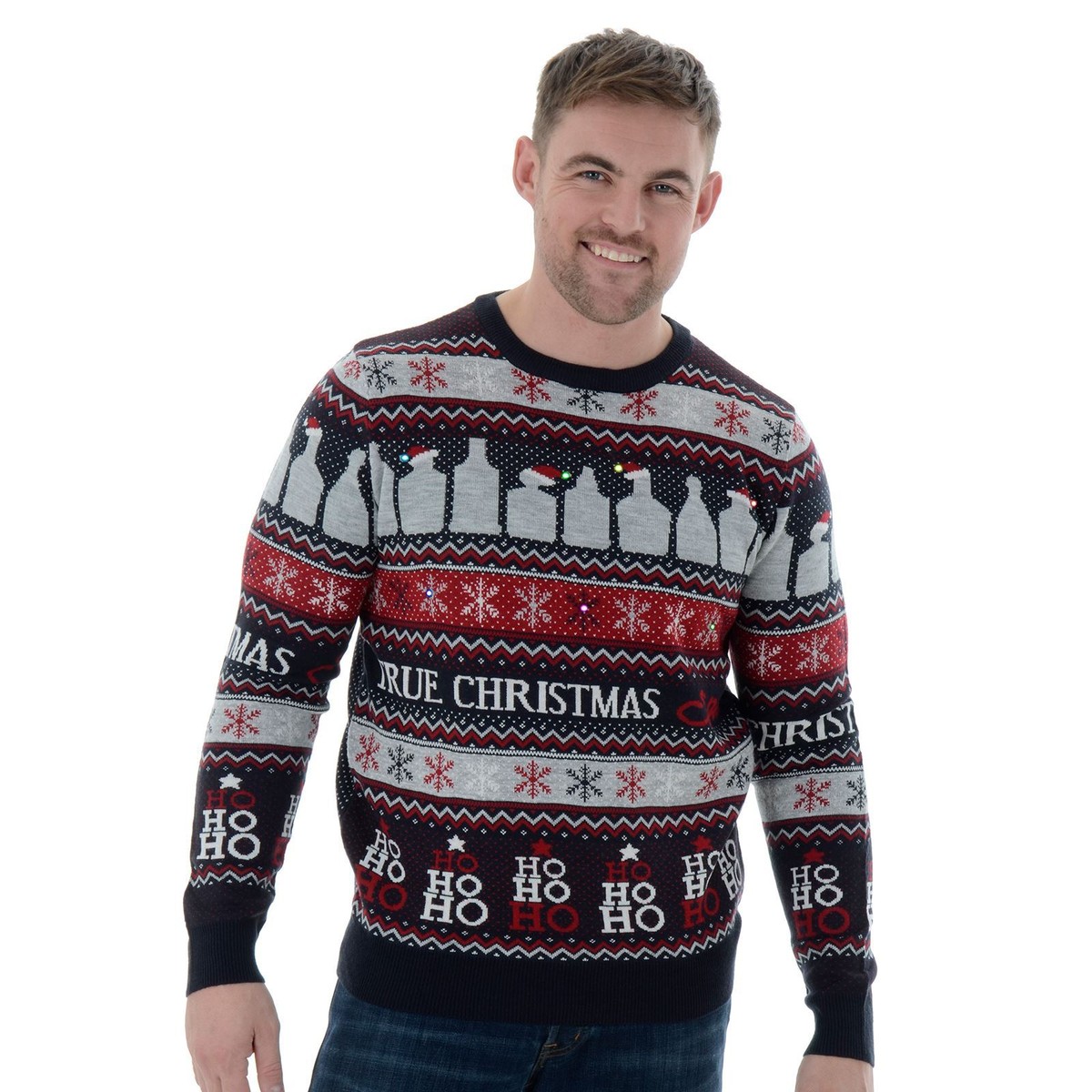 Mens Novelty Light Up Flashing Knitted Christmas Jumper True Christmas  Spirit