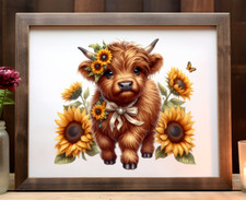Cow Wall Art Print, Cute Cow With Sunflowers Print Wall Art, Farmhouse Art 65