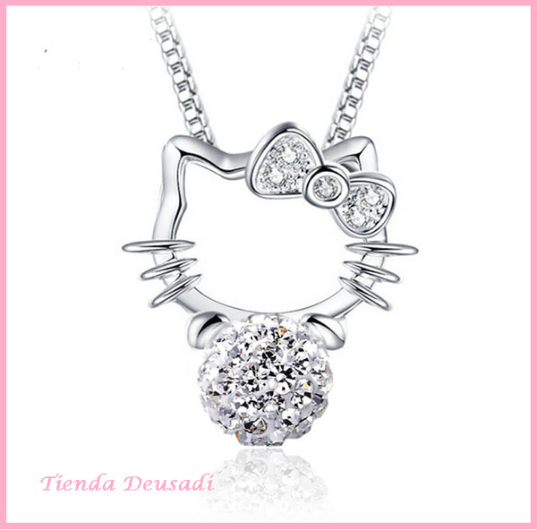 PRECIOSA CADENA Y COLGANTE CON EL GATITTO HELLO KITTY DE ACERO, PERLA Y CRISTAL