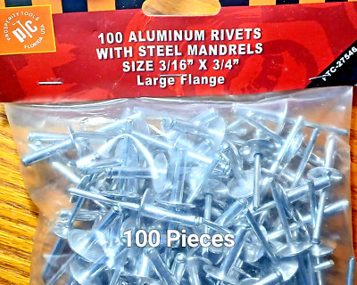 100 Pcs Large Flange Big Dome Head Aluminum Pop Rivets Steel Post 3/16'' x 3/4''