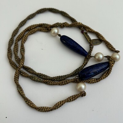 Vintage MIRIAM HASKELL Rope Chain Necklace 29  Long Brass Faux Pearl Signed
