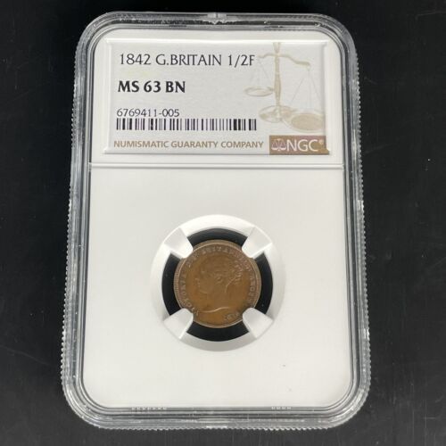 NGC Graded 1842 Great Britain 1/2F 1/2 Half Farthing MS63 MS 63 BN Coin - 第 1/4 張圖片
