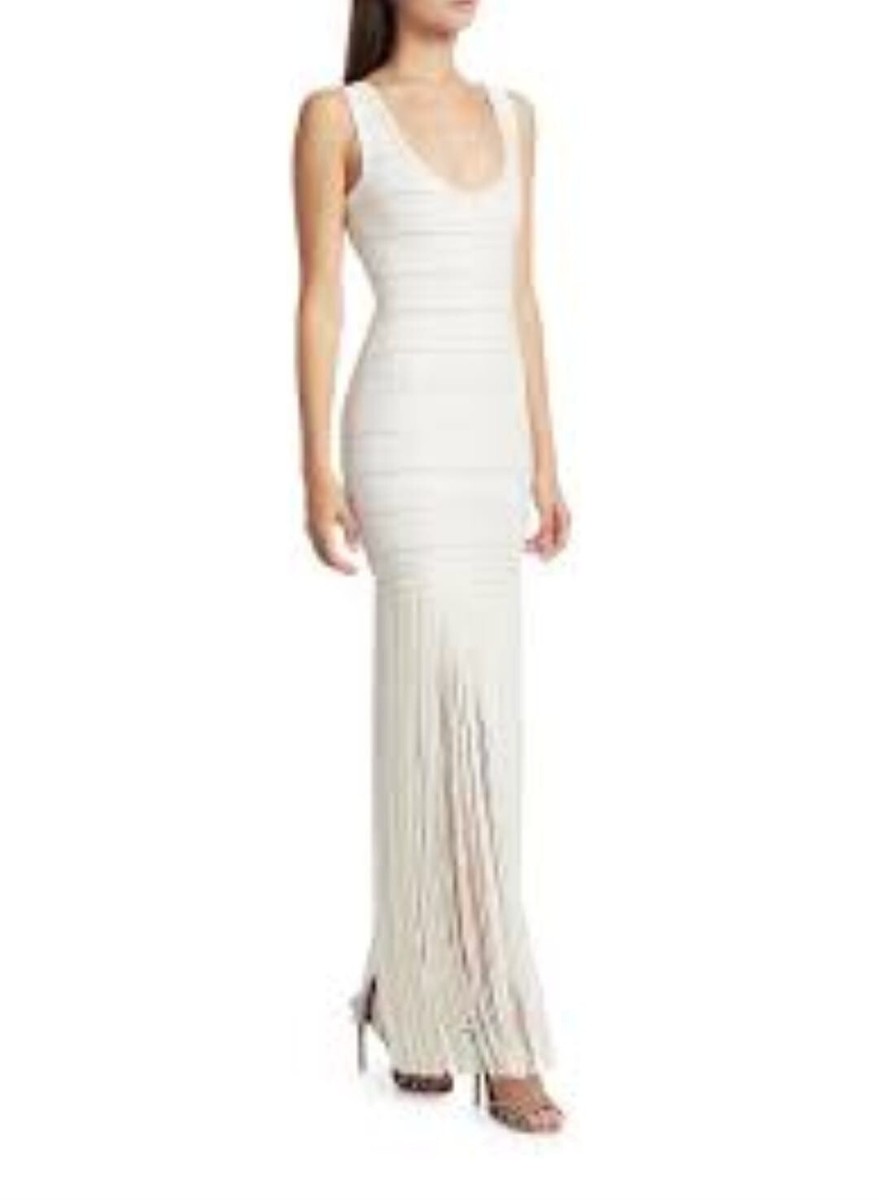 $800 Herve Leger Women's White Strappy Ottoman Fringe Gown Dress - Main Image