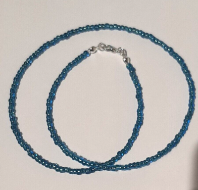 TURQUOISE SILVER LINED HANDMADE SEED BEAD NECKLACE 18