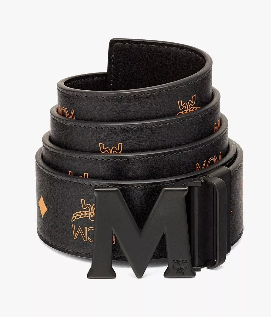 MCM Men Orange M Logo Buckle Monogram Reversible Leather Belt One 