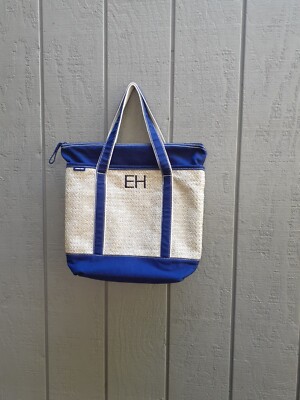 Lands End Straw Tote EH Monogram Navy Blue Canvas Zip Top Woven