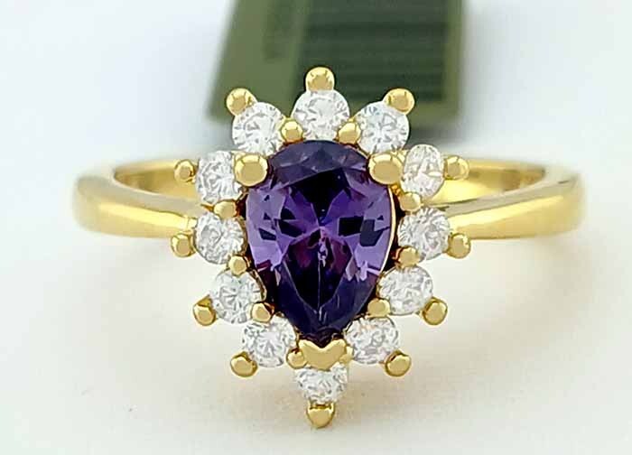 LAB 1.08 Cts AMETHYST & WHITE SAPPHIRE RING 14K YELLOW GOLD PLATED -New With Tag
