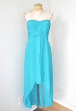 David's Bridal aqua blue poly chiffon ruched bustier wedding dress hi-low hem 8