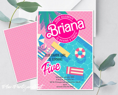 Barbie birthday invitation Pool Party 5x7 digital invitation ready in 24 hours!