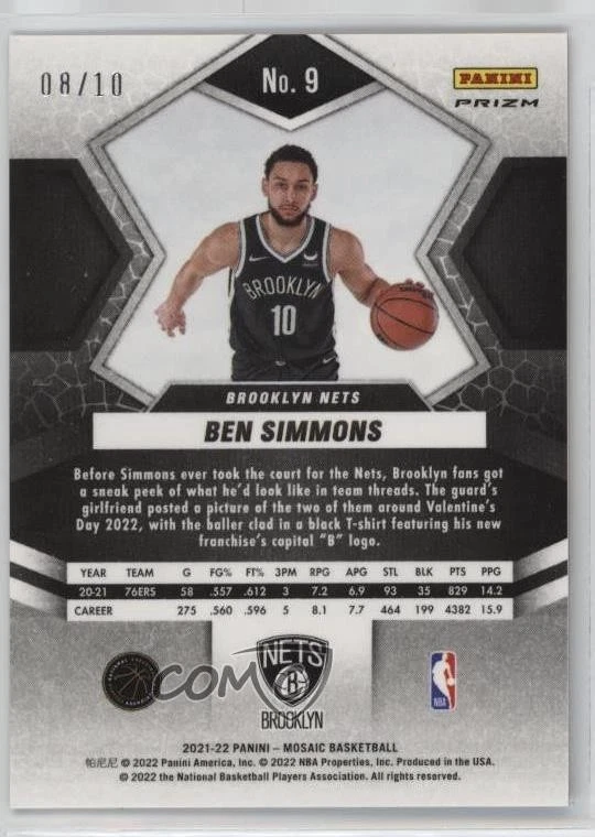 2021-22 Panini Mosaic Fast Break Gold Prizm /10 Ben Simmons #9 - Image 2 of 2
