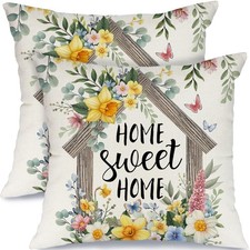 Spring Home Sweet Home Pillow Covers Set of 2, 18x18 Inch Farmhouse Daffodils...