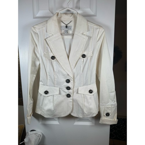 MNG by Mango Womens Cotton Suit Jacket White Size 6 3 Blazer Cinched Waste - Picture 3 of 14