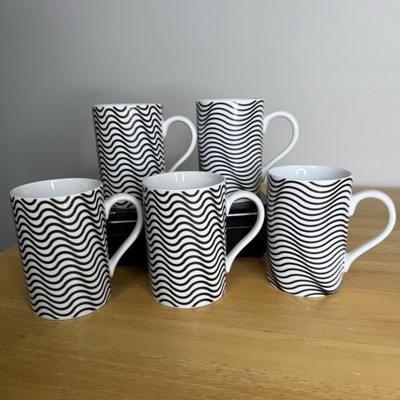 Konitz Abstract Black White Wavy Squiggle Lines Ceramic Coffee Mugs Cups Set 5 *