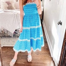 J. CREW Block-Print Squareneck Tiered Midi Dress Cerulean Blue Floral {X29}