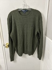 VTG Polo Ralph Lauren Sweater Mens L Olive Green 100 Silk Cable Knit Crewneck