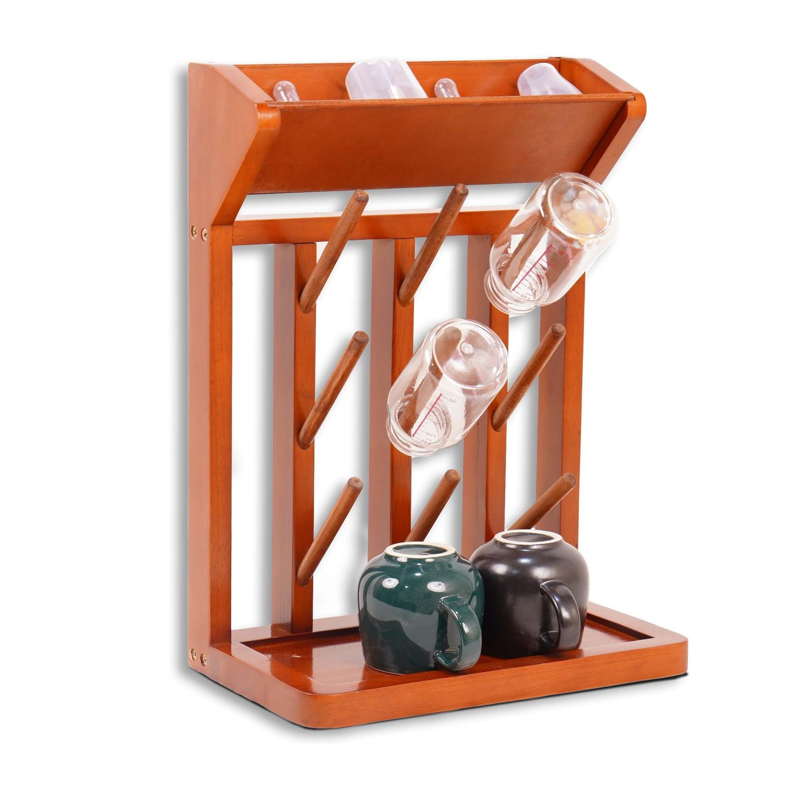 Vertical Rubber Wood Stand, 9-Hook Bottle Drying Rack, for B