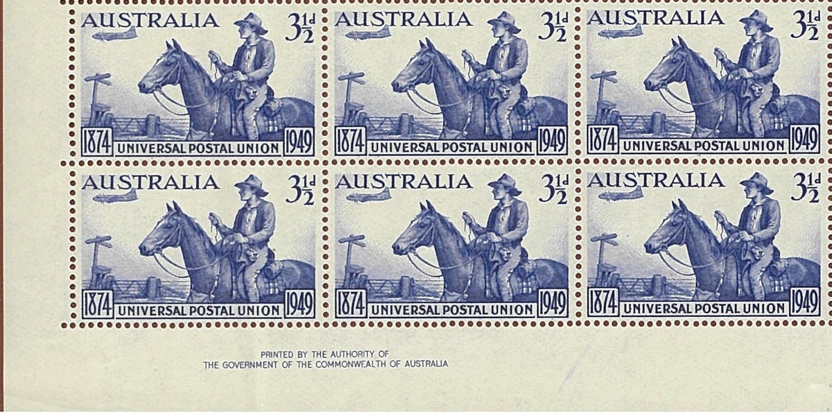 1949 Australia UPU 75thAnniversary MNH Imprint Corner Block 6x31/2d Stamps issue
