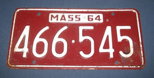 1964 Massachusetts expired license plate - 466 545, dark red / white