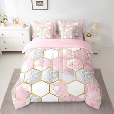 Pink Honeycomb Marble 7 Piece Comforter Set with Sheets Full Pink Gold Grey