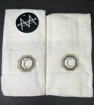Monogram Collection 4 Qty - White Fingertip towels - New - ''C'' Black & Gold