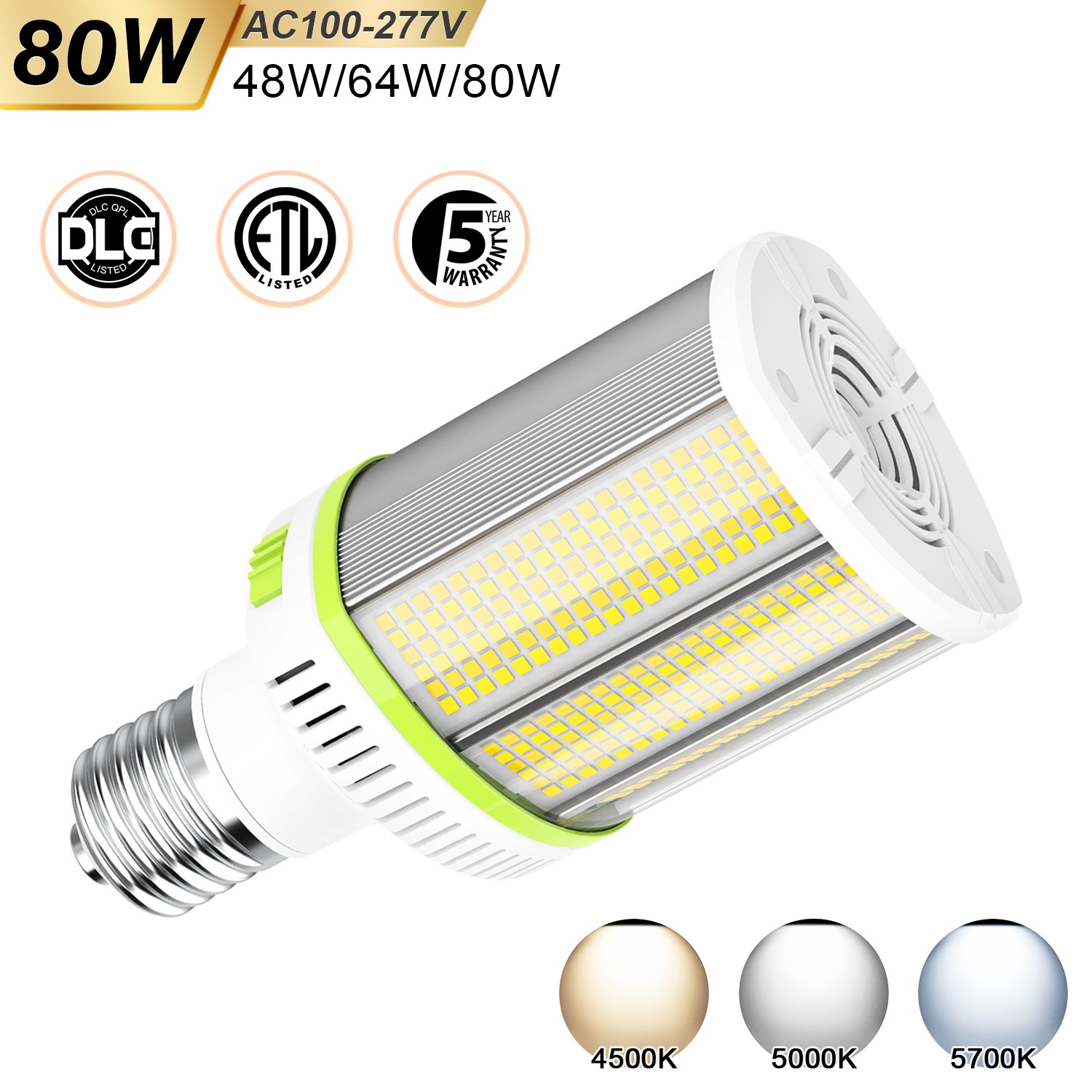 80W Led Corn Light Bulb 4.5K/5K/5.7K Warehouse Garage Parking Lot Light 12,000LM