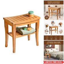 Bamboo Shower Bench 17x9x17 Inch Wooden Stool with Storage Shelf Non Slip Feet