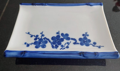 VTG  Japanese Sushi Plate White W/ Blue Cherry Blossom TrinketDish Jewelry Tray 