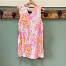 Tahari Womens 100% Linen Tropical Palm Print V-Neck Tunic Tank Top Pink Large