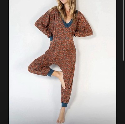 Natural Life Johnnie Cotton Lounge Jumpsuit Floral Vines Sz M Slouchy Harem Boho