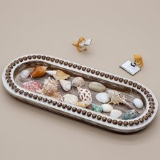 Wood Serving Tray, Wooden Bead Decorative Tray, White Washed Coffee Table Tray f