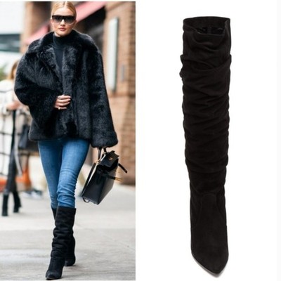 Stuart Weitzman Lafayette Black Slouchy Suede Heeled Knee High Boots Size 8