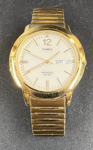 VTG Timex Watch Men Indiglo Gold Tone Day Date Stretch Band New Battery - WORKS