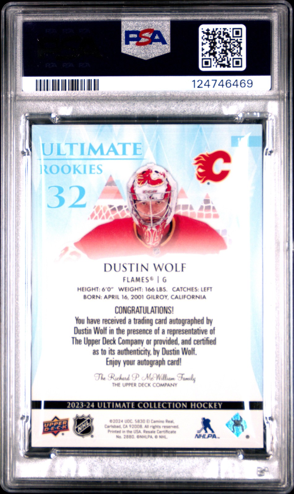 2023 Upper Deck Ultimate Collection #181 Dustin Wolf Rookie Auto /299 PSA 9 view 2