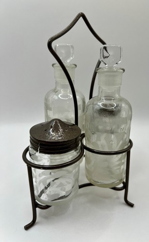 Cruet vintage set 5 pezzi sale pepe olio aceto incisione vetro cottage tavolo - Foto 6 di 10