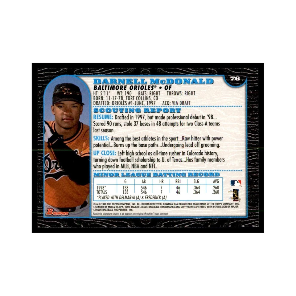 1999 Bowman Darnell McDonald Baseball Cards #76 - Image 2 of 3