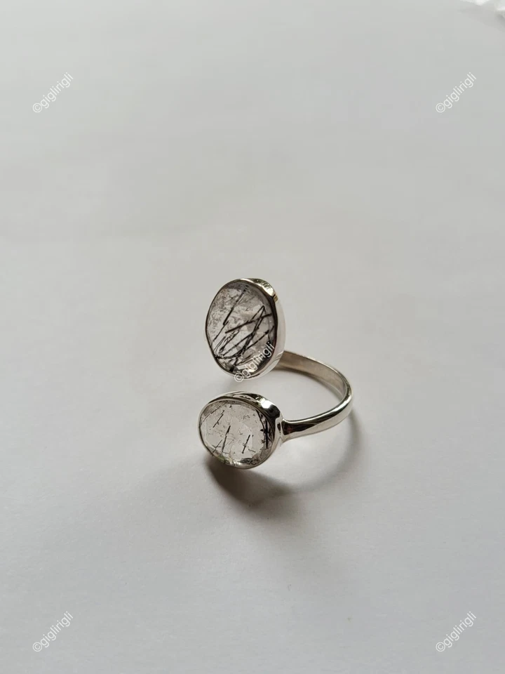 Anillo ajustable de plata de ley con cuarzo rutilo - Hecho a mano en plata reciclada Foto 3 de 4