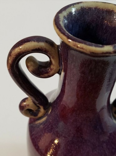Pottery Vase Scroll Handles Purple Blue Glaze Unmarked 12" - Picture 4 of 8