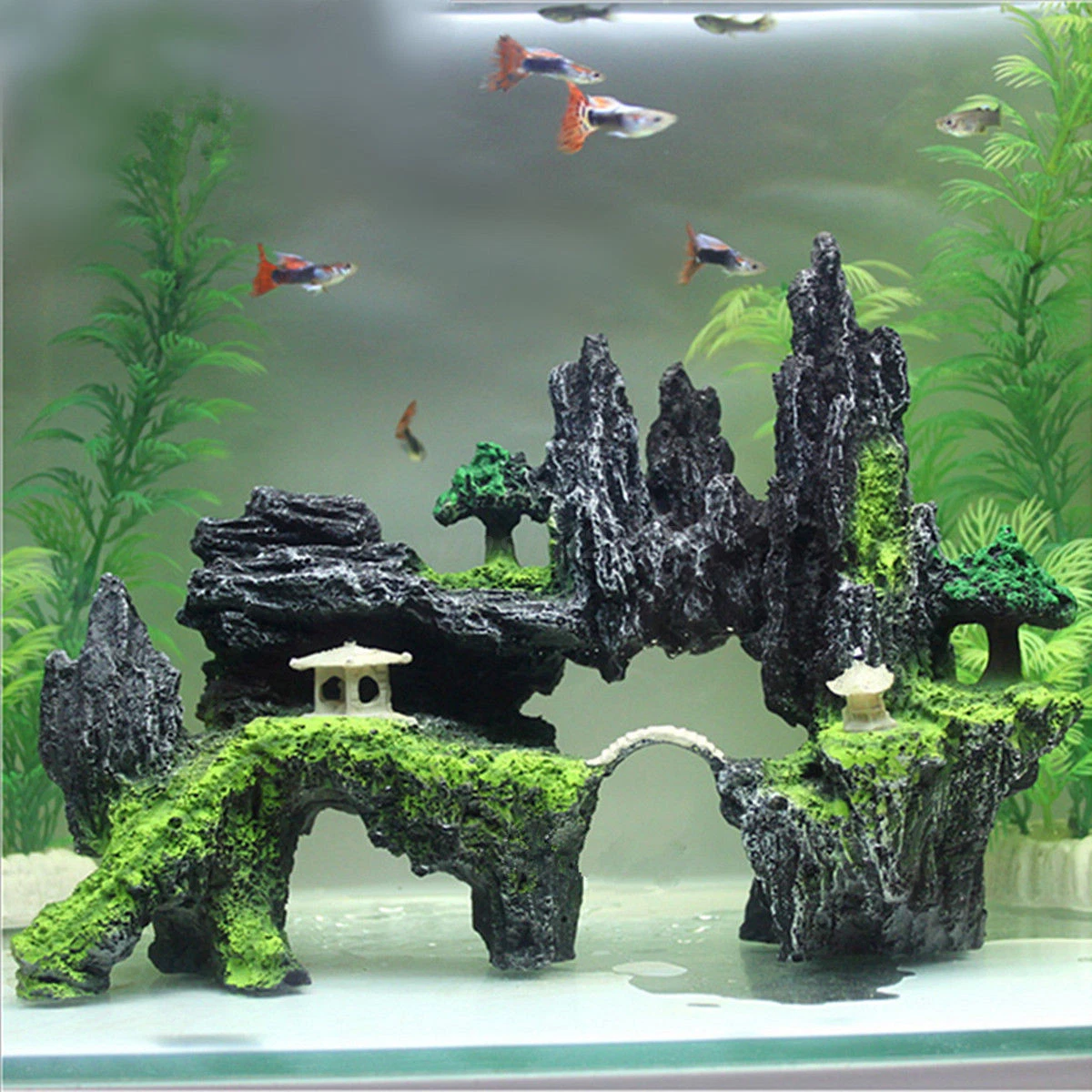 Aquarium Fish Tank Resin Ornament Deco Mountain View Cave Stone Tree  Pavilion