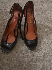 Women  s Via Spiga Ankle Strap Strappy Peep Toe Heels - Patent Black, Size 7