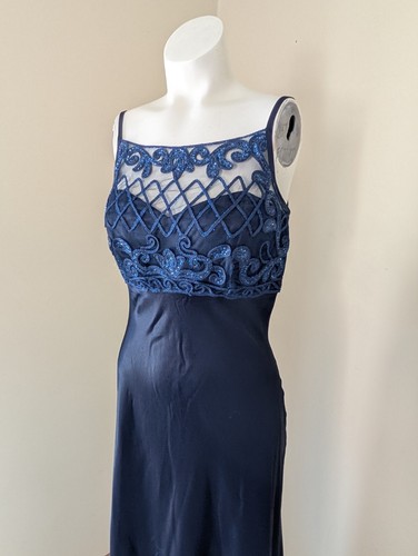 Vintage Whimsigoth Maxi Dress 6 Mesh & Glitter Dark Blue Satin Prom Slip Fairy - Picture 2 of 16