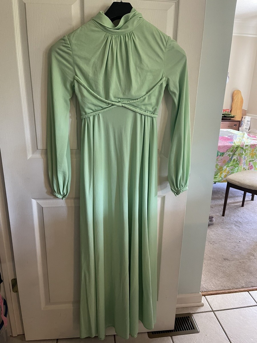 green dress with holes Vnt 60s Rare Pop Art Psychedelic MOD MAXI sz Small Hole 70s Disco short open front dress