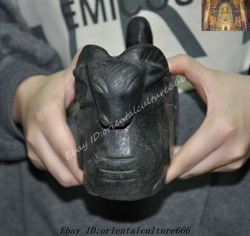 7.6" China Hongshan Cultura Meteorito Hierro Tallado Sacrificio Feng Shui Oveja Taza Foto 4 de 4